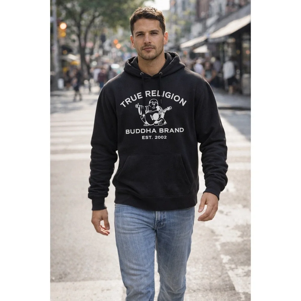 True Religion Buddha Brand Black Hoodie Sweatshirt‎ Est 2002 Mens Size XL